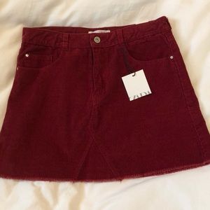 Zara NWT red corduroy zip-fly fray edge miniskirt